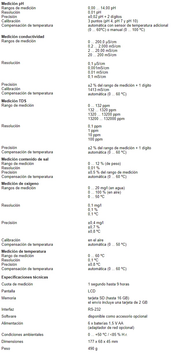 Especificaciones técnicas del medidor de pH PCE-PHD 1