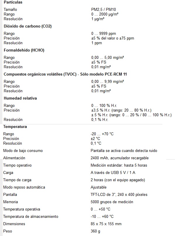 Especificaciones técnicas del medidor de calidad de aire PCE-RCM 11 y PCE-RCM 12