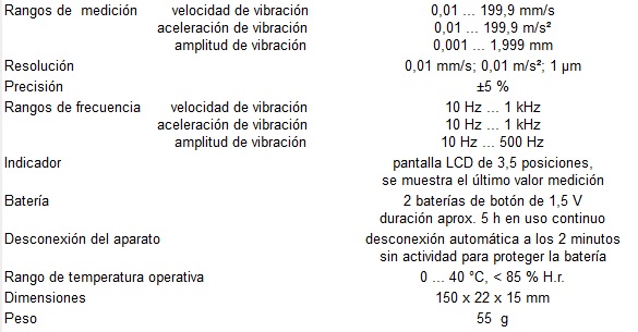 Especificaciones técnicas del Vibrómetro PCE-VT 2600