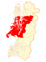 Mapa de la región de Aysén; en rojo se indica la comuna de Aysén. La provincia de Aysén ocupa toda la zona norte de la región