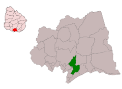 En rojo (arriba a la izquierda): ubicación del departamento Canelones dentro de Uruguay.  En verde: ubicación del municipio de Pando dentro del departamento Canelones.