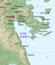 Algunas de las principales ciudades de la antigua Argólida. Argos en Rojo